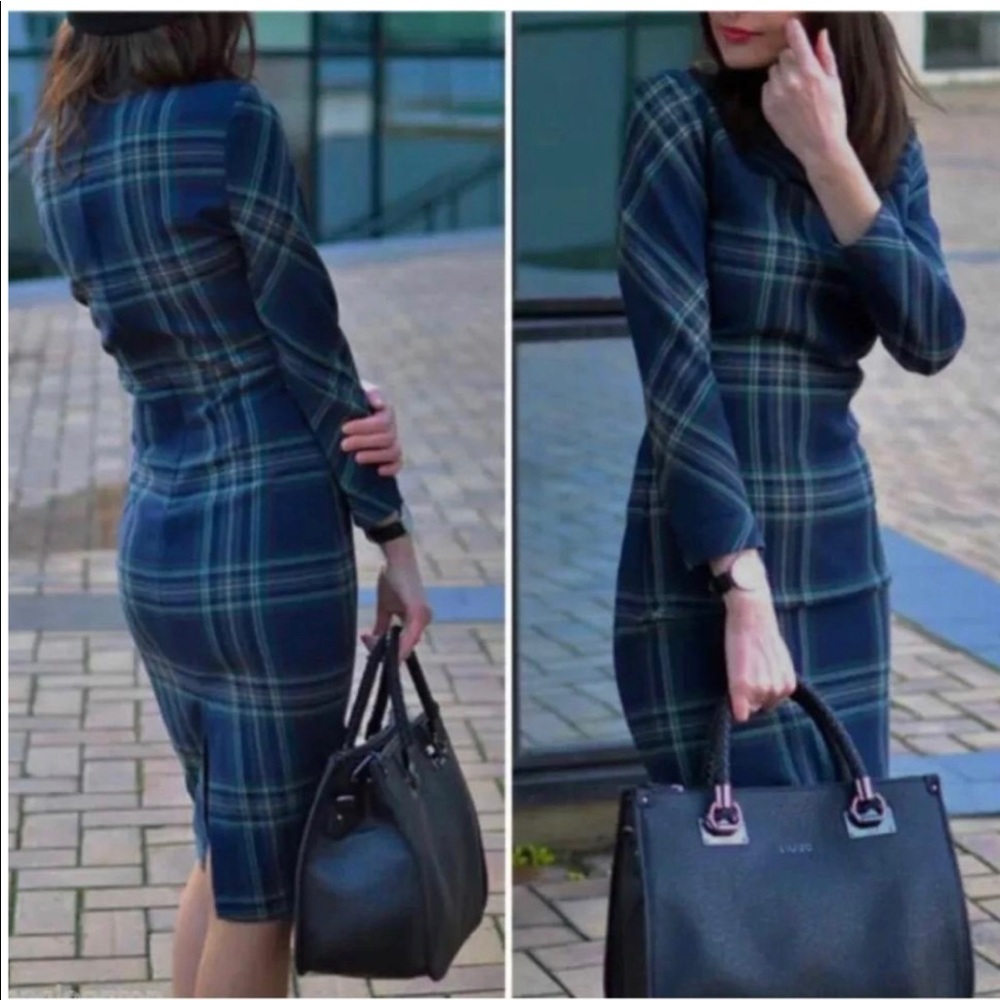 Zara woman navy blue tartar plaid dress size L
